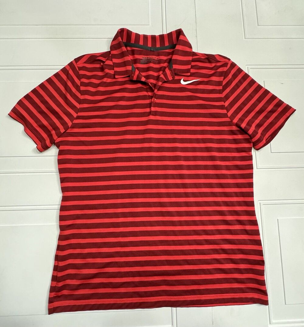 Nike Mens Sz L Red Striped Short Sleeve Dri-Fit Polo Golf Shirt Moisture Wicking